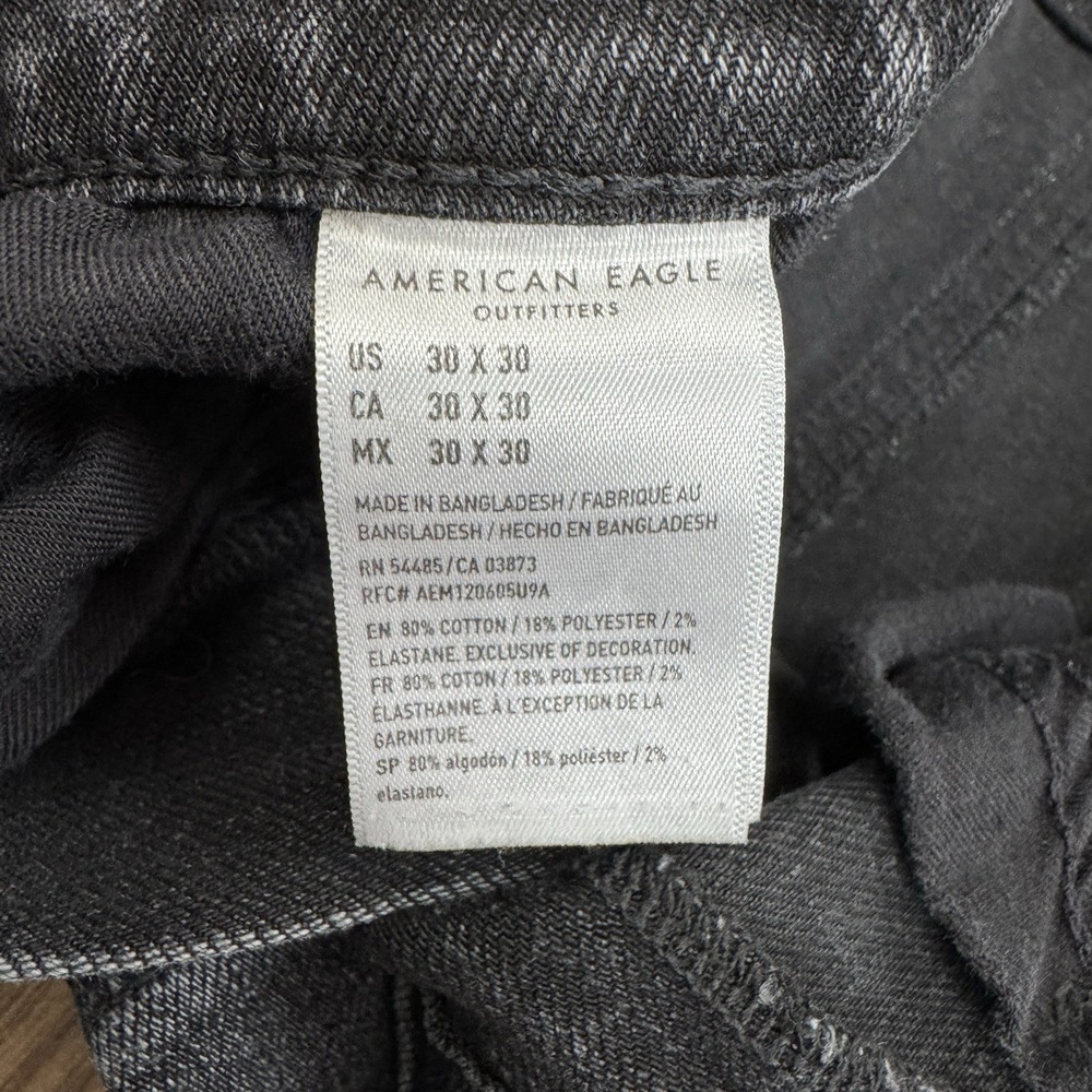 American Eagle Jeans Mens 30x30 Black Slim Low Rise Distressed Ripped Dark Denim - Picture 11 of 16